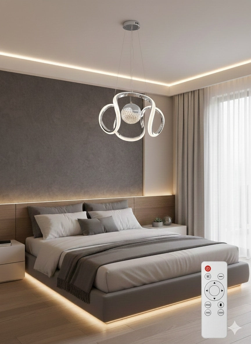 Lustre LED Moderne à Anneaux avec Cristal et Télécommande