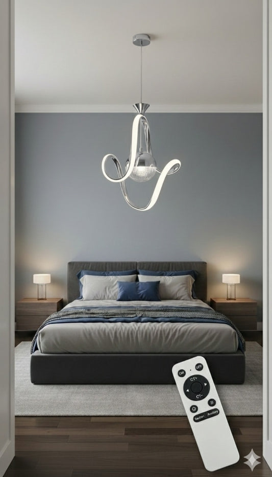 Lustre LED Design Argenté à Anneaux avec Cristal et Télécommande